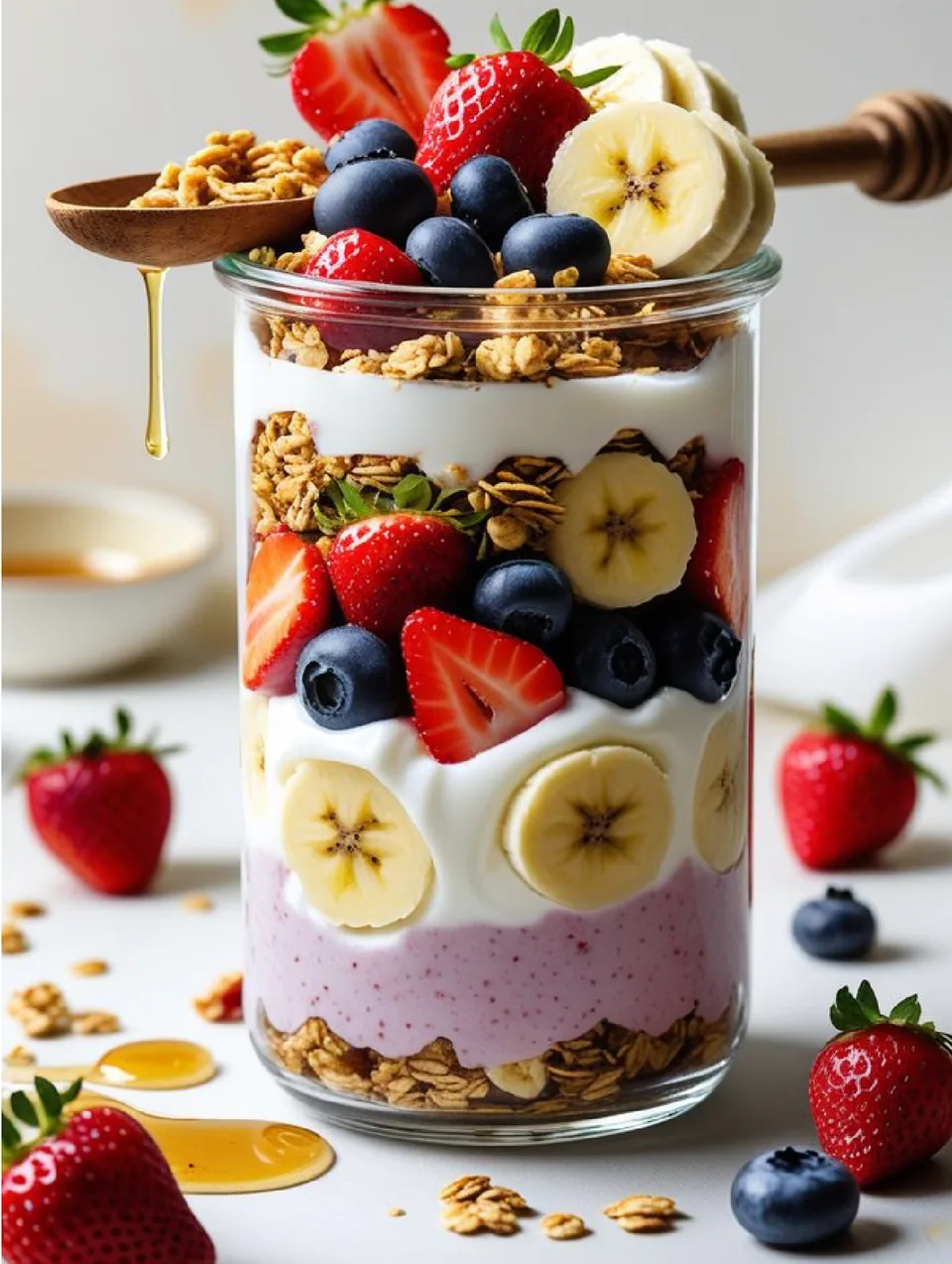 Yogurt parfait with granola, berries and banana, drizzled with honey